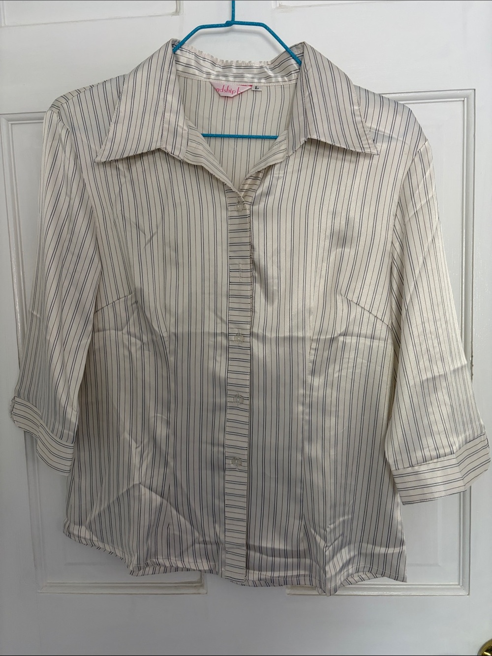 FRIENDS Ivory Blouse with Navy Pinstripes